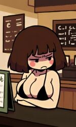 1girl aged_up ai_generated annoyed annoyed_expression barista big_breasts black_bikini black_bikini_top black_eyes blush_stickers bob_cut brown_hair busty cafe chara chara_(undertale) clothed coffee_shop crossed_arms curvy female frown indoors pale_skin pixai restaurant shoulder_length_hair solo undertale undertale_(series) upper_body