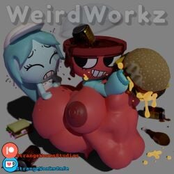 3d 3d_(artwork) ass ass_grab burger connie_(dandy's_world) dandy's_world eating_food food gigi_(dandy's_world) huge_ass huge_belly huge_breasts nipples tagme vore vore_belly weirderworkz