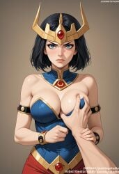 1boy ai_generated armlet armor bangs barda_free bare_shoulders big_barda black_hair blue_eyes blush bob_cut bracelet breast_grab breasts clavicle cleavage closed_mouth clothing crown dc dc_comics detached_collar dress female female female_only frown grabbing grabbing_another's_breast groping guided_breast_grab guiding_hand headpiece headwear holding_another's_wrist jewelry jousneystudio large_breasts lips looking_at_viewer male medium_breasts pov_hands short_hair solo solo_focus standing straight strapless strapless_dress thighs tiara upper_body