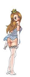 ass blonde_hair blue_eyes breasts cg crown dress earrings elbow_gloves female from_behind full_body garter_straps gloves hentai_heroes high_heels jewelry kinkoid lingerie long_hair looking_at_viewer looking_back mini_crown no_panties official_art parody princess_noemy_(hentai_heroes) simple_background smile solo standing thick_thighs thighhighs thighs thong underwear white_dress white_gloves