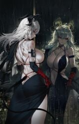 ass ass_cleavage breasts cleavage clothing_cutout dress elbow_gloves female fit_female horns maenoo no_bra no_panties red_eyes sideboob tail wuthering_waves zani_(wuthering_waves)