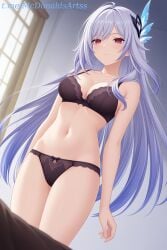 1female 1girl 1girls ai_generated bare_arms bare_shoulders black_bra black_panties bow bow_bra bra breasts butterfly_hair_ornament cleavage closed_mouth collarbone commentary_request expressionless female female_focus female_only genshin_impact grey_hair hair_ornament indoors long_hair looking_at_viewer medium_breasts navel panties red_eyes skirk_(genshin_impact) solo standing stomach thighs underwear underwear_only very_long_hair window zelanell
