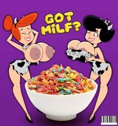 2girls auburn_hair betty_rubble big_breasts black_hair breakfast breasts cereal cow_print english_text exposed_breasts female female_focus female_only got_milk hanna-barbera huge_breasts looking_at_viewer mature mature_female milf mother nipples text the_flintstones toony vaz0v voluptuous voluptuous_female wilma_flintstone