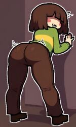 1other 5_fingers ai_generated ambiguous_gender androgynous ass_focus bent_over big_ass blush blush_stickers bob_cut brown_hair brown_pants brown_shoes chara chara_(undertale) clothed drool green_shirt motion_lines pale_skin pants pixai shadow_over_eyes shoes shoulder_length_hair solo striped_shirt striped_sweater sweat sweater thick_thighs undertale undertale_(series) white_outline