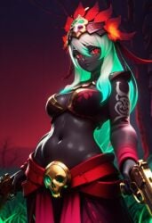 ai_dota_ai ai_generated aqua_hair black_skin breasts cleavage closed_mouth colored_skin dota_2 dual_wielding feathers female flower gradient_hair green_hair grey_skin gun hair_between_eyes hair_flower hair_ornament handgun holding holding_gun holding_weapon large_breasts long_hair looking_at_viewer medium_breasts muerta multicolored_hair navel outdoors red_eyes skirt skull solo stomach tattoo tree vicineko_style weapon white_hair