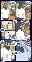 absurd_res anthro beard breasts brown_body brown_fur brown_hair clothed clothing comic container cup deer drinking drinking_milk duo english_text eyewear facial_hair female fur glasses hair hi_res human humanoid jane_(the_man) male mammal muscular muscular_male nipple_piercing nipples piercing simple_background text the_man the_man_(character)