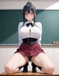 1female 1girls 2025 ai_generated akeno_himejima bangs big_breasts black_hair blush breasts busty classroom corset curvy curvy_female curvy_figure embarrassed female hands_behind_back high_school_dxd long_hair looking_at_viewer panties patreon patreon_username ponytail purple_eyes ribbon school_uniform shirt shoes shychan skirt socks solo spread_legs stable_diffusion thick_thighs thighs violet_eyes voluptuous