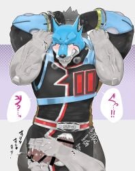 2025 5_fingers alien anthro balls big_penis blush canid canine canis closed_eyes colored debirobu doggie_kruger domestic_dog erection faceless_character faceless_male fingers furry genitals handcuffs handjob hi_res humanoid_genitalia humanoid_hands humanoid_penis male mammal penis power_rangers tokusou_sentai_dekaranger