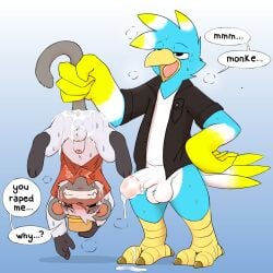 after_sex animal_crossing anthro avian bird bodily_fluids bottomless clothed clothing cum cum_in_ass cum_inside dialogue duo forced genital_fluids haplorhine hat headgear headwear hi_res holding_by_tail jacket male male/male mammal miau monkey niko_(animal_crossing) nintendo primate rape satisfied sex shirt size_difference taylor_vee tears topwear upside-down