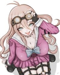 1girls adjusting_eyewear blonde_hair blue_eyes bow breasts choker cleavage danganronpa danganronpa_v3 female female_only fingerless_gloves from_above garter_straps gloves goggles goggles_on_head hair_between_eyes iruma_miu kneeling large_breasts long_hair looking_at_viewer looking_up pui school_uniform serafuku solo tongue_out