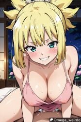 1girl1boy ai_generated bangs bed bedroom big_breasts blonde_female blonde_hair blush cowgirl_position cum cum_in_pussy cum_inside dr.stone female green_eyes hair_up huge_breasts indoors kohaku_(dr.stone) looking_at_partner looking_at_viewer nipples nipples_visible_through_clothing omega_weirdo patreon pov pov_sex sex smile smiling smiling_at_viewer straddling