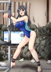 absurdres animal_ear_hairband animal_ears ass ass_focus barefoot bikini black_hair black_leotard black_pantyhose black_shoes blue_bikini blue_one-piece_swimsuit bondage breasts chains commission competition_swimsuit covered_erect_nipples covered_navel cuffs curtains fake_animal_ears female full_body hair_ornament hairband hairclip high_heels highres inset leotard long_hair medium_breasts multicolored_clothes multicolored_swimsuit multiple_views nao_takami navel one-piece_swimsuit open_mouth pantyhose playboy_bunny purple_eyes rabbit_ears rabbit_tail restrained sakurajima_mai seishun_buta_yarou seishun_buta_yarou_wa_bunny_girl_senpai_no_yume_wo_minai shackles shadow shoes side-tie_bikini_bottom skeb_commission solo straight strapless strapless_leotard swimsuit tail television trash_bag used_tissue wrist_cuffs