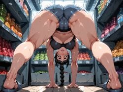 2d ai_assisted ai_generated art baldur's_gate_3 belly big_ass blush bonnie_darko camel_toe cameltoe dark_hair erect_nipples female female green_eyes grocery_store jean_shorts legs_apart long_hair medium_breasts ponytail self_upload shadowheart shadowheart_(baldur's_gate) slippers spread_legs thick_ass thick_thighs topwear