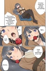 1boy 2girls absurdres arms_behind_back azusagawa_kaede azusagawa_sakuta ball_gag between_breasts black_hair black_pantyhose blush bondage book bound bound_ankles bound_arms bound_legs bound_thighs bound_torso breasts comic cosplay drooling english_text female female_focus frogtie gag gagged highres indoors jacket kigurumi kneeling legs_together long_hair long_sleeves lying lying_on_lap male medium_breasts misunderstanding multiple_girls necktie necktie_between_breasts no_shoes on_back on_cushion on_floor open_clothes open_jacket open_mouth pantyhose photo_(object) pleated_skirt purple_eyes rope sakurajima_mai saliva saliva_puddle saliva_trail school_uniform seishun_buta_yarou seishun_buta_yarou_wa_bunny_girl_senpai_no_yume_wo_minai shibari_over_clothes shirt simple_background skirt solo speech_bubble straight tagme tamawwwwwwwww tie unworn_gag wiffle_gag wooden_floor