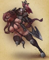 angry angry_expression axe banner bit_gag brown_hair dwarf exposed_nipples fangs female femsub glowing_eyes harness horns male maledom muhut nipple_pull petplay pierced_nipples pony_play ponygirl ponyplay powerful_sub red_eyes slave smaller_dom_larger_sub submissive_female tamed unwilling