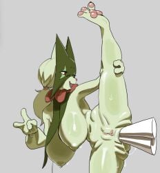 3_fingers anal_fluids anthro areola biped bodily_fluids breasts cute_fangs fangs female fingers fur generation_9_pokemon genitals green_body green_fur grey_background meowscarada multicolored_body nintendo nipples object_in_ass open_mouth open_smile pawpads pokemon pokemon_(species) pussy raised_leg red_body simple_background skeleton265 smile solo spread_legs spreading sweat teeth