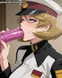 1girls ai_generated artifical_art big_breasts blonde_hair blue_eyes blush curvy dildo dildo_in_mouth fair_skin female female_masturbation gundam gundam_seed_destiny light-skinned_female masturbation mature mature_female milf military_hat mommy mother oral_masturbation perfect_body red_lipstick rolling_eyes sex_toy short_hair solo sucking sucking_dildo talia_gladys