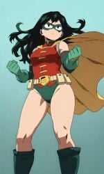 ai_generated alternate_art_style alternate_universe black_eyes breasts clenched_hands clothed clothed_female crossover dark_green_hair dc dc_comics domino_mask female female_focus female_only green_boots green_gloves long_hair medium_breasts my_hero_academia pixai robin_(dc) robin_(dc)_(other) serious simple_background solo superhero_costume superheroine thick_thighs utility_belt yellow_cape