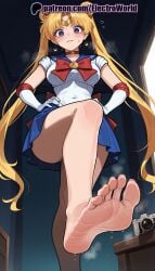 1girls 2025 ai_generated artist_name barefoot bishoujo_senshi_sailor_moon blonde_hair blue_sailor_collar blue_skirt bow choker circlet crescent crescent_earrings double_bun earrings elbow_gloves electroworld feet feet_fetish female foot_fetish foot_focus gloves hi_res high_quality high_resolution highres jewelry long_hair magical_girl moon patreon patreon_username red_choker sailor_collar sailor_moon sailor_moon_redraw_challenge sailor_senshi_uniform skirt soles solo spread_toes stable_diffusion sweatdrop tiara toes twintails usagi_tsukino watermark white_gloves