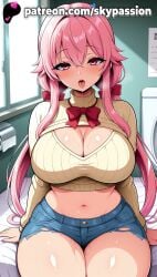 1girls 2025 ai_assisted ai_generated anime arm_support artist_name belly big_breasts big_chest blush bra breasts bust busty chest cleavage clothed_female clothes_lift cup denim denim_shorts eyebrows_visible_through_hair female female_focus female_only gasai_yuno hair_between_eyes hair_ribbon hi_res high_quality high_resolution highres indoors large_breasts long_hair looking_at_viewer low_twintails mirai_nikki navel open_mouth patreon patreon_username pink_eyes pink_hair plump ribbed_sweater ribbon short_shorts shorts sitting skypassion solo stable_diffusion sweater thick_thighs thighs tongue tongue_out twintails very_long_hair watermark