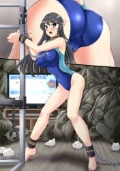 absurdres animal_ear_hairband animal_ears ass ass_focus barefoot bikini black_hair black_leotard black_pantyhose black_shoes blue_bikini blue_one-piece_swimsuit bondage breasts chains commission competition_swimsuit covered_erect_nipples covered_navel cuffs curtains fake_animal_ears female full_body hair_ornament hairband hairclip high_heels highres inset leotard long_hair medium_breasts multicolored_clothes multicolored_swimsuit multiple_views nao_takami navel one-piece_swimsuit open_mouth pantyhose playboy_bunny purple_eyes rabbit_ears rabbit_tail restrained sakurajima_mai seishun_buta_yarou seishun_buta_yarou_wa_bunny_girl_senpai_no_yume_wo_minai shackles shadow shoes side-tie_bikini_bottom skeb_commission solo straight strapless strapless_leotard swimsuit tail television trash_bag used_tissue wrist_cuffs