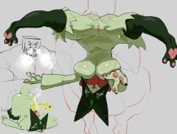 3_fingers angry anthro biped breasts duo eyebrows female fingers fur generation_9_pokemon genitals green_body green_fur green_tail grey_background hi_res humanoid male meowscarada navel nintendo open_mouth pawpads pokemon pokemon_(species) pussy red_eyes short_tail simple_background skeleton265 spread_legs spreading tail teeth tongue tongue_out upside-down