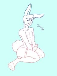 1boy anthro big_nipples big_penis blue bunny collar erection femboy furry gabriel inverted_nipples male male_only nipples penis piercing rabbit sinkies sitting sketch solo thunder_thighs white_fur