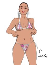 belly belly_button bikini brown_hair brown_hair brunette_hair clara_oswald doctor_who ear_piercing ear_ring earrings exposed_torso female female_focus female_only jenna_coleman looking_at_viewer red_lips red_lipstick sassafras small_bikini standing thick_eyebrows white_background