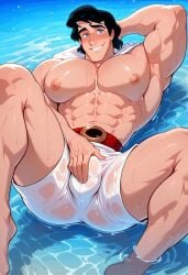 ai_generated bara big_biceps big_pecs bulge disney disney_prince flexing flexing_bicep grabbing_bulge hand_on_bulge hand_on_crotch hands_behind_head looking_at_viewer male male_breasts male_focus male_only muscles muscular_arms muscular_legs muscular_male muscular_thighs nipples ocean prince_eric relaxing revealing_clothes see-through see-through_bottoms see-through_clothing the_little_mermaid the_little_mermaid_(1989_film) wet wet_clothes wink yaoi