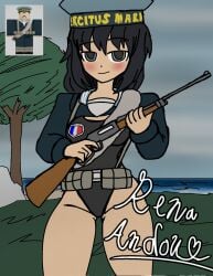 1girls andou_(girls_und_panzer) black_swimsuit centaura cetus dark_hair ellen_rochefil female france french_flag girls_und_panzer hat reference_image rifle roblox roblox_game robloxian sailor_uniform swimsuit tagme text thighs tree