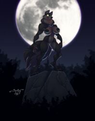 2016 anthro anthro_only areola big_breasts blood breasts canine claws empty_eyes erect_nipples female forest furry glowing glowing_eyes inner_ear_fluff mammal moon neck_tuft night nipples no_humans nude outside pussy solo spotty_the_cheetah standing toe_claws tree tuft were werewolf wide_hips