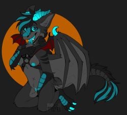anthro artificial_wings bat_wings dragon dragon_wings female halloween harness hi_res holidays ilkanar mane membrane_(anatomy) membranous_wings mythological_creature mythological_scalie mythology presenting scalie solo tevayra wings