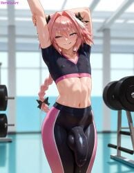 1boy ai_generated astolfo_(fate) big_penis bulge bulge_through_clothing bulge_under_clothes fate_(series) femboy feminine_male gym gym_clothes gym_uniform leggings midriff navel penis_outline penis_under_clothes precum precum_drip precum_through_clothing solo solo_focus solo_male sportswear sweat sweatdrop sweating sweaty sweaty_body tight_clothing trap vertiloart watermark yoga_pants