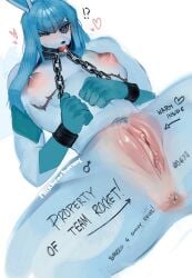andromorph anthro anus ball_gag blue_body body_writing chains cuff_(restraint) eeveelution gag gagged generation_4_pokemon genitals glaceon hi_res intersex mastectomy_scar milkbearbunny nintendo pokemon pokemon_(species) pussy restrained restraints scar simple_background solo spread_legs spreading submissive submissive_andromorph submissive_anthro submissive_intersex visibly_trans white_background