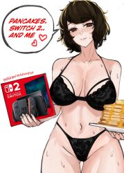 1girls atlus big_breasts black_bra black_panties blush bra breasts brown_eyes brown_hair cleavage english english_text female female_only hair holding_object holding_plate huge_breasts lace lace-trimmed_bra lace-trimmed_panties lace_trim lingerie mature mature_female mature_woman nero_watch nintendo_switch_2 pancake panties persona persona_5 sadayo_kawakami short_hair solo solo_female speech_bubble spoken_heart sweat sweatdrop text