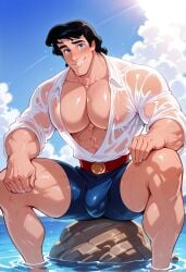 ai_generated bara big_biceps big_pecs bulge disney disney_prince looking_at_viewer male male_breasts male_focus male_only muscles muscular_arms muscular_legs muscular_male muscular_thighs nipples ocean prince_eric revealing_clothes see-through see-through_clothing see-through_top the_little_mermaid the_little_mermaid_(1989_film) wet wet_clothes wet_shirt yaoi