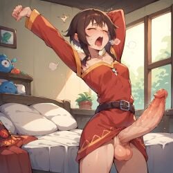 1futa ai_generated big_balls big_penis bluebewwy breasts closed_eyes clothed clothing erection erection_under_clothes futanari intersex kono_subarashii_sekai_ni_shukufuku_wo! lying lying_on_back lying_on_bed megumin no_panties sleeping small_breasts solo solo_futa waking_up yawn yawning