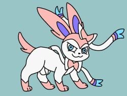 all_fours balls blue_eyes eeveelution feral flaccid foreskin fur generation_6_pokemon genitals looking_at_viewer male nintendo paws penis pink_body pink_ears pink_fur pink_tail pokemon pokemon_(species) ribbons smile smirk solo sylveon tail white_body white_fur zamzamcan