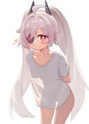 1girls :3 arms_behind_back blush bottomless djmax_respect el_fail_(djmax) erect_nipples eyepatch female heart looking_at_viewer naked_shirt nipples_visible_through_clothing perky_breasts see-through see-through_clothing smile smug solo