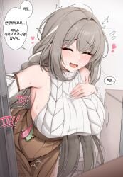 absurdres armpits bare_shoulders bent_over black_survival braid breasts brown_skirt cable_knit chloe_lim closed_eyes condom detached_sleeves eternal_return:_black_survival facing_viewer female grey_hair hand_on_own_chest heart highres huge_breasts implied_sex kisa_(leg3043) korean_text long_hair long_sleeves motion_lines multicolored_hair open_mouth outstretched_arm pleated_skirt pubic_hair ribbed_sweater sideboob skirt sleeveless sleeveless_sweater smile solo speech_bubble standing streaked_hair sweat sweater sweater_tucked_in translation_request used_condom used_condom_in_clothes very_long_hair white_sweater