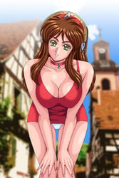 1girls alternate_breast_size atelier_viorate_alchemist_of_gramnad_2 big_breasts breasts brown_hair choker cleavage dress eisel_weimar female female_only green_eyes hand_on_knee hand_on_own_knee hands_on_knees head_tilt leaning_forward nail_polish panties panty_peek pixiv silegy smile standing tiara yoshizawa_yuuri