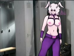 annoyed annoyed_expression annoyed_face black_nails black_sclera breasts collar gachimuchi joke_art kweequ leather looking_at_another meme meme_attire meme_clothing meme_pose meme_reference moth moth_antennae moth_booba moth_girl moth_humanoid nail_polish navel nipples purple_eyes quinn_(kweequ) signature tight tight_clothes tight_clothing tight_fit tights tits_out white_fur white_hair