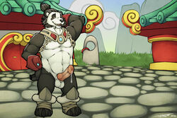 anthro armpits balls fan_character knot male male_only muscular nude outside pandaren pandaria penis precum solo tsaiwolf video_games warcraft yariku