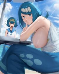 2girls absurdres armpits bare_shoulders beach blue_eyes blue_hair blue_sailor_collar breast_slip breasts bright_pupils cloud cloudy_sky creatures_(company) female finger_to_mouth flashing freckles game_freak hair_ornament hairband highres index_finger_raised lana's_mother_(pokemon) lana_(pokemon) large_breasts looking_at_viewer magdalenus27 mature_female milf mother_and_daughter multiple_girls nintendo nipples no_bra one-piece_swimsuit one_breast_out open_mouth pants parasol pokemon pokemon_sm sailor_collar shirt short_hair shushing sitting sky sleeveless smile sunlight swimsuit swimsuit_under_clothes table tied_hair umbrella