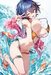 ai_generated almost_naked belle_(zenless_zone_zero) bikini_top_removed breasts_out curvy_body curvy_female jiggling_breasts nipples one_eye_closed peace_sign raaicave sandals zenless_zone_zero