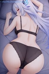 1female 1girl 1girls ai_generated all_fours ass ass_focus back bare_shoulders black_bra black_panties blush bra breasts butterfly_hair_ornament closed_mouth commentary_request female female_ass female_focus female_only from_behind genshin_impact grey_hair hair_ornament long_hair looking_at_viewer looking_back medium_breasts on_bed panties pillow pink_eyes skirk_(genshin_impact) solo top-down_bottom-up underwear underwear_only zelanell