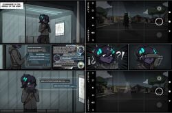 1boy 1girls 2020s 2025 2d 2d_(artwork) anthro anthro_only big_breasts breasts bus_stop clothing comic comic_page curvy curvy_figure dialogue english english_text female fully_clothed furry furry_female furry_male furry_only hi_res highres hourglass_figure mal0 male mammal nude_female purple_fur purple_hair scp-1471 scp-1471-a scp_foundation stalked taking_picture thick_thighs thighs wolf wolf_boy wolf_ears zak_(zak_hitsuji) zak_hitsuji