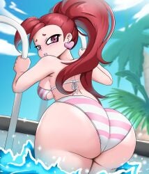 1girls 2023 aiba_manami ass ass_focus backboob big_ass bikini bikini_bottom bikini_top blush bottomwear breasts dat_ass ear_piercing earrings female female_only hair hatzuhatzu heart_earrings huge_ass la_brava_(my_hero_academia) looking_back my_hero_academia pink_eyes pool red_hair shortstack solo solo_female striped_bikini swimwear thighs topwear twintails water