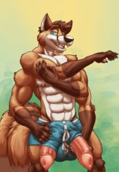 1boy 2016 animal_genitalia animal_penis anthro armpits big_penis black_fur blue_eyes boxers brown_fur canine canine_penis chipfox claws diphallia diphallism erection flit fox fur furry looking_at_viewer male male_only mammal multi_arm multi_limb multi_penis multi_tail muscular muscular_male nipples orange_fur penis pink_penis simple_background smile solo standing underwear white_fur