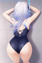 1female 1girl 1girls 1girls_ass against_wall ahoge ai_generated arms_up ass back bare_arms bare_shoulders black_one-piece_swimsuit blue_hair blue_one-piece_swimsuit breasts butterfly_hair_ornament commentary_request competition_swimsuit facing_away female female_focus female_only from_behind genshin_impact grey_hair hair_ornament long_hair medium_breasts multicolored_hair one-piece_swimsuit skirk_(genshin_impact) solo standing swimsuit thighs tile_wall tiles white_hair zelanell